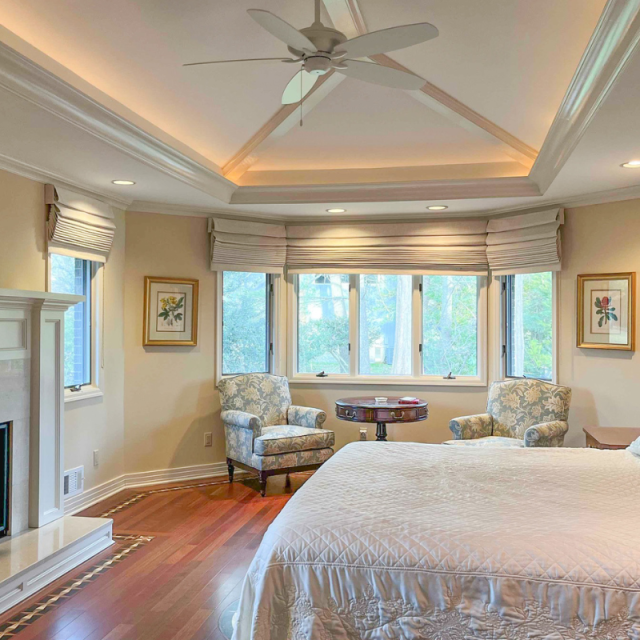Roman shades bay window master bedroom
